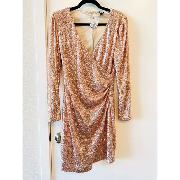 NWT Le Chateau Rose Gold Faux Wrap Sequin Mini Dress M